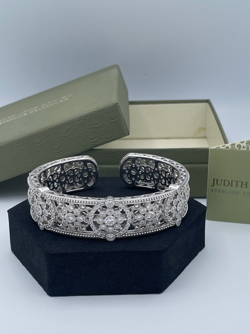 Judith Ripka Sterling Silver 925 Wide Cuff Bracelet Thailand CZ Filigree Heavy